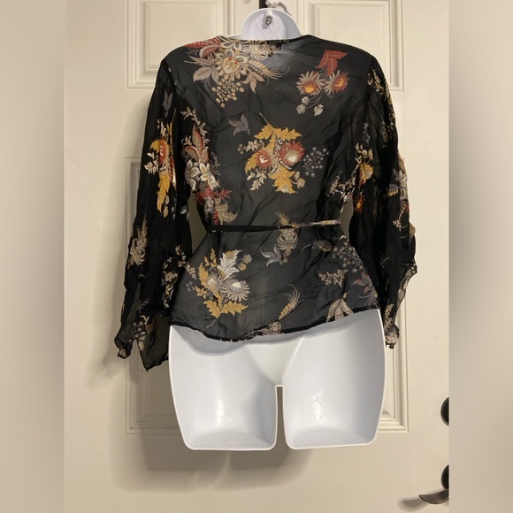 T35- Black Semi-Sheer Floral-Paisley KIMONO Wrap Top - Picture 5 of 6